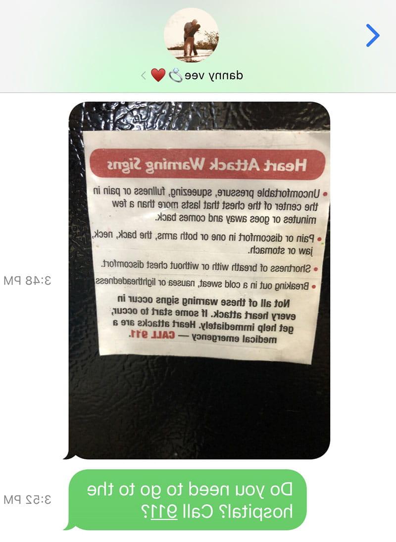 Danny Saxon's wife, Morgan, texted him a photo of the homemade magnet on their fridge that spelled out the warning signs of a heart attack after he said his arms were tingling. (Photo courtesy of the Saxon family)
